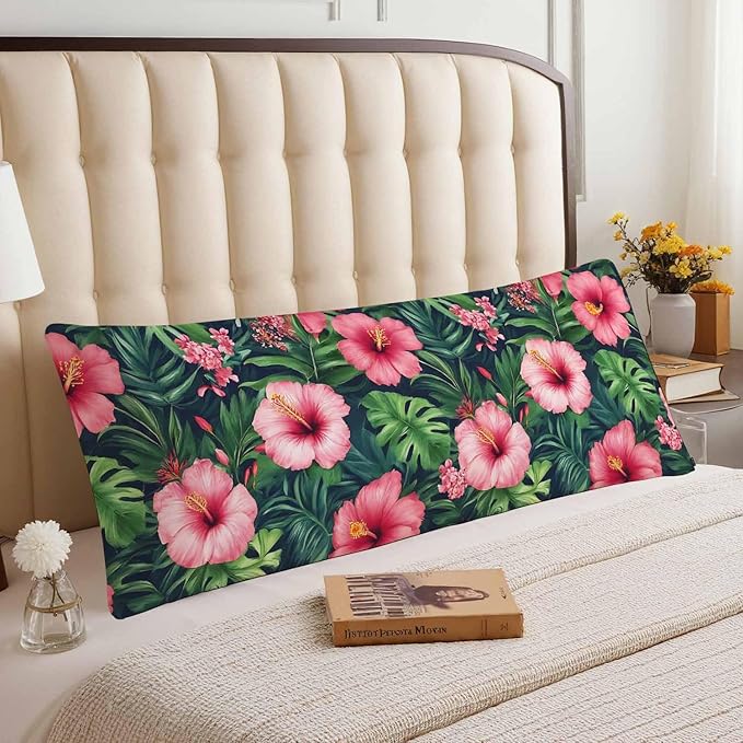 Decorative Home Body Pillow Covers Tropical Leaves, Breathable Body Cushion Cases Hawaii Hibiscus Palms Lumbar Pillow Cover Soft Body Pillowcase for Bedroom Couch Sofa 20x54 Inch Green Red