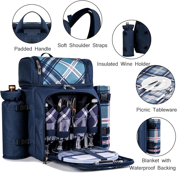 ALLCAMP Picnic Basket Backpack Cooler for 4 Person with 2 Insulated Cooler Compartment, Detachable Bottle/Wine Holder, Fleece Blanket, Plates and Cutlery for Family,Couple and Friend gatherings (Blue)
