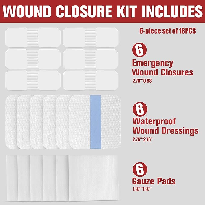 Emergency Wound Closure Strips - HSA or FSA Eligible - Dotodo 6PCS Laceration Closure Kit - Sutures Butterfly Bandaids | Stretchable & Shrinks Back to Close The Cut