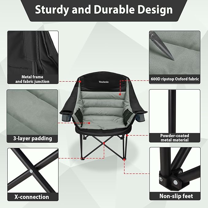 Youtanic Oversized Camping Chair, Portable Folding Camping Chairs with Side Pocket, Cup Holder and Carry Bag, Heavy Duty Outdoor Camping Chairs for Adults, Fishing, Sports, Trip, up to 400lbs, Style 4