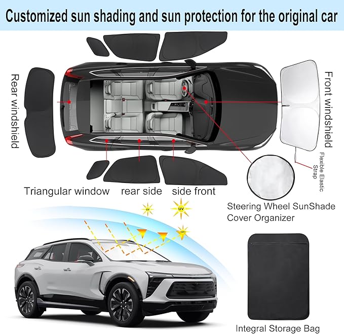 8PCS Windshield Sun Shade Custom Fit for 2024 2025 2026 Chevrolet Chevy Blazer EV Accessories Foldable Sunshade Side Rear Window Shade Cover Full Set Privacy Protection Keeps Car Cool