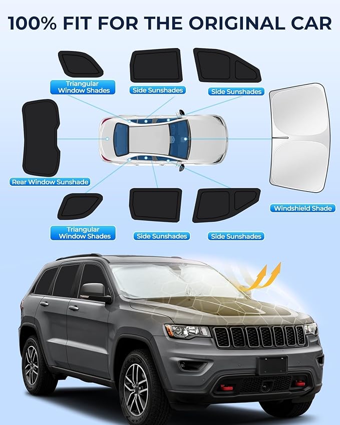 for Jeep Grand Cherokee 2011-2021 Car Window Shades, 8pcs Privacy Sun Shade Set for Front Windshield Side and Rear Windows, Full Window Covers Keeps Vehicle Cool for Camping Napping