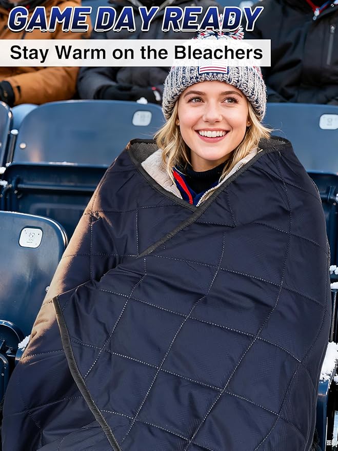 Aulock 55''W x 60''L Warm Outdoor Stadium Blanket Waterproof - Portable & Windproof Navy Blanket with Sherpa Fleece Lining for Camping Winter Cold Weather
