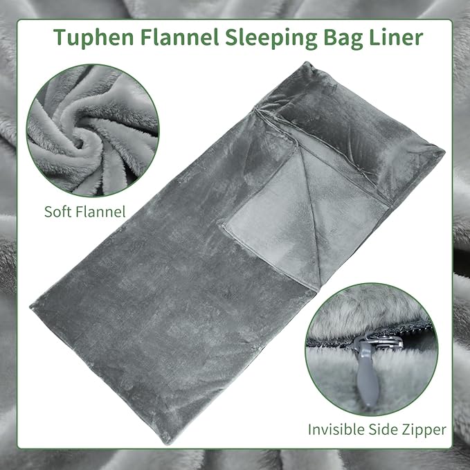 Tuphen Flannel Sleeping Bag Liner, XXL Fluffy Adult Sleeping Sack with Hidden Zipper for Warm or Cold Weather, Thick Travel Sheets for Hotel,Camping,Backpacking,Traveling & Dirty Proof,Gray,86 x 41‘’