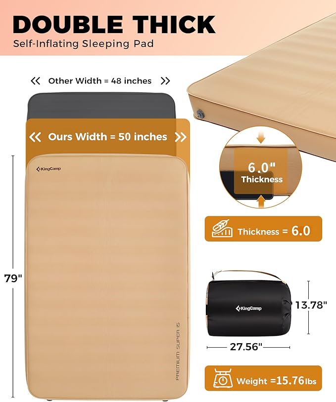 KingCamp Self Inflating Sleeping Pad, 6" Ultra Thick R 15.5 Air & Foam Camping Mattress 2 Person, Full Size Double Sleeping Pad for Camp Tent Outdoor Car, PVC Free (Khaki)