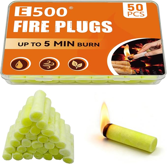 E500 Fire Plugs, 50 Pack Fire Starter Plugs, Waterproof & Wind Resistant, Long Burning Fire Starter for Campfires, Fireplaces, Grills & Outdoor Use