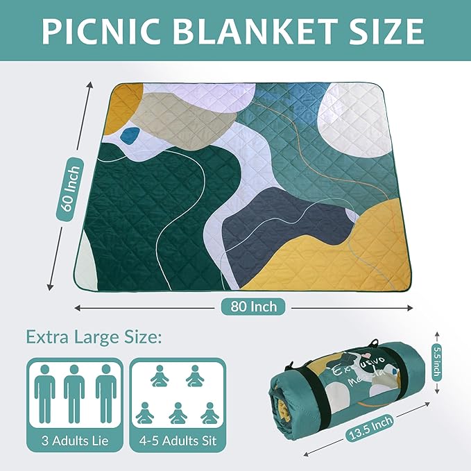 Exclusivo Mezcla Waterproof Picnic Blankets 60x80 Inch, 3 Layer Extra Large, Sandproof and Foldable Outdoor Blanket for Beach Camping, Park and Travel