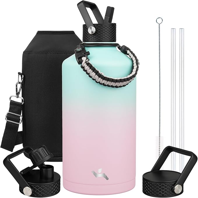Konokyo Gallon Insulated Water Bottle with Straw,128 oz 3 Lids Water Jug with Carrying Bag,Paracord Handle, Double Wall Vacuum Stainless Steel Metal Flask,Gum