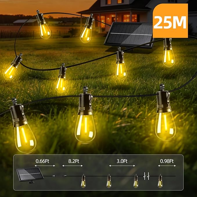Solar Lights Outdoor Patio Lights: S14 25M 82FT Solar Powered 3 Light Modes Solar Waterproof Light - Shatterproof Bulbs - Camping Backyard Garden Deck Outside Yard