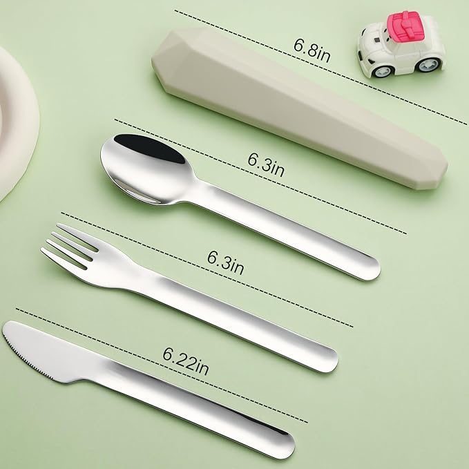 Utensils for Lunch Box Accessories, DEVICO Travel Silverware Set with Case, Camping Flatware Include 18/8 Stainless Steel Knife Fork and Spoon Set, Reusable Portable Cutlery Set for School (Khaki)