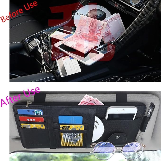2 Packs Car Sun Visor Multi-Pocket Organizer for SUV & Truck, Auto Visor Storage Pouch with Big Zipper Pocket, Card Sleeve, Driving License, Insurance, Sunglasses, Pen, Key, Lipstick