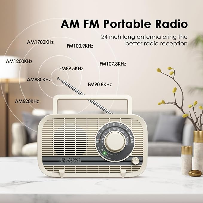 Portable AM FM Radio Plug in Wall or Battery Operated Radio with Best Reception, Bluetooth,Headphone Jack,Large Dial Easy to Use for Seniors Elderly Cream