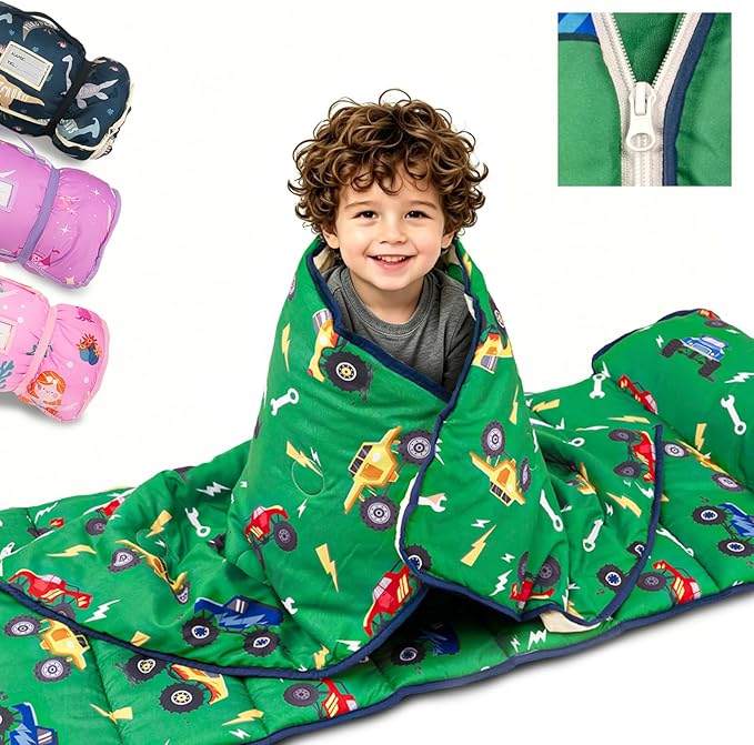 Primlect Toddler Nap Mat Extra Large Thickened 55''x35'', Soft Sleeping Bag with Detachable Minky Blanket and Pillow, Portable for Daycare, Preschool, Kindergarten, Travel, Boys and Girls