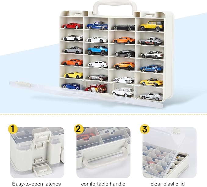 Saichotoy Storage Case for Hot Wheels - Carrying Display Case for 1/64 Scale Toy Cars, 48-Slot Double-Sided Transparent Organizer with Built-in Steps Prevent Sliding & Adjustable Dividers