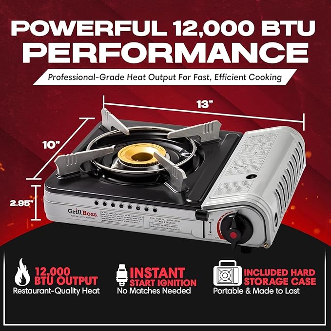 Grill Boss Dual Fuel Camp Stove - 12,000 BTU Butane & Propane Portable Stoves for Camping, Emergencies, BBQ, Hiking & Backpacking - Double Wind Guard, Instant Piezo Ignition System - 90057