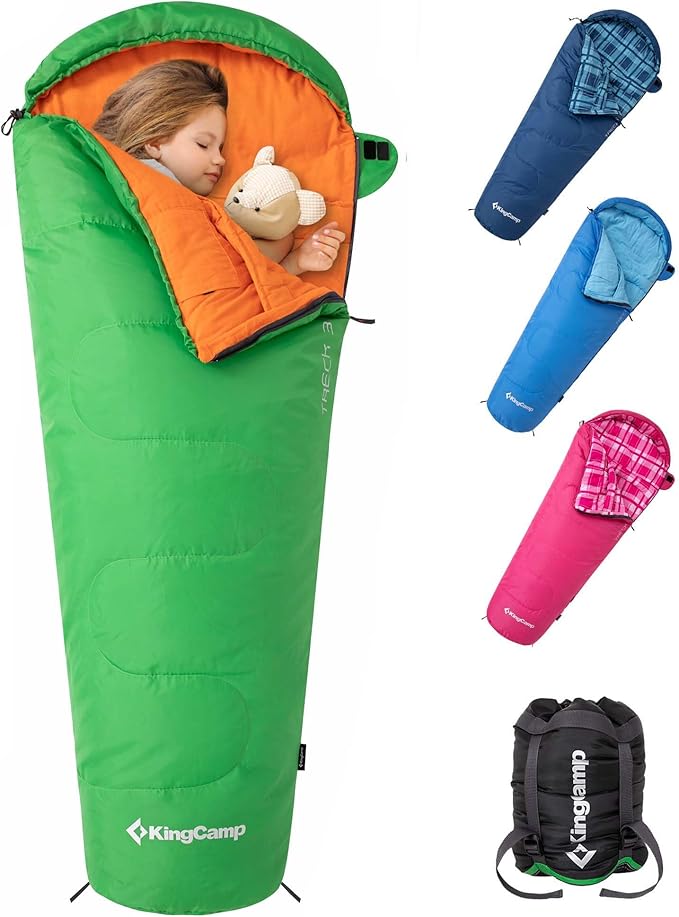 KingCamp 45°F Kids Sleeping Bag, Lightweight Waterproof & Compact Flannel Sleeping Bags Cold Weather & Warm Youth Essentials Gear Accessories for Camping, Fits 10-12 Children up to 4'7"-5'5" Tall