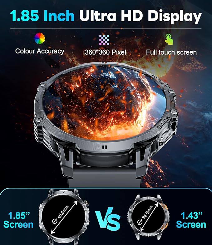 Military Smart Watch for Men, 1.85" HD Large Screen, Bluetooth Call/1000mAh/Flashlight/Heart Rate Sleep Monitor, 110+ Sports Modes Fitness Tracker Watch for Android iOS, Holiday, 3 Straps, Black
