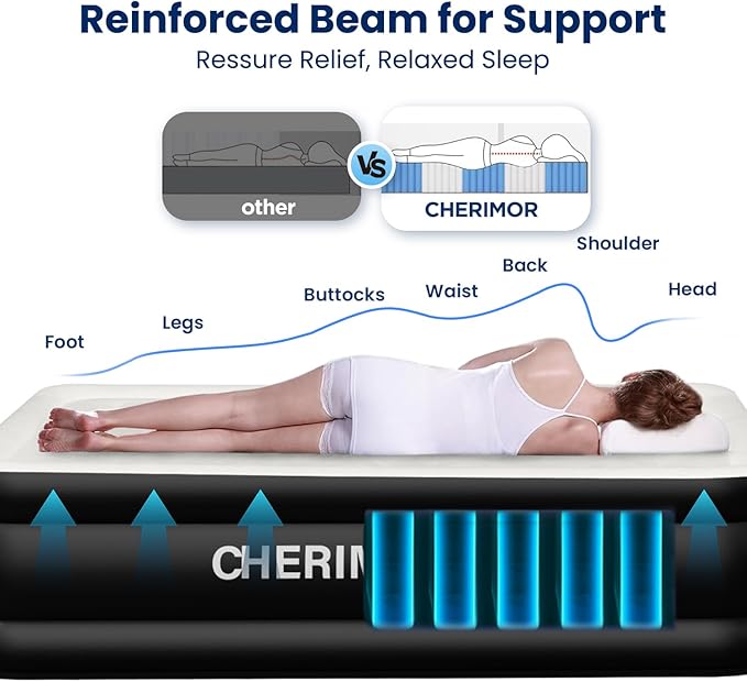 CHERIMOR Air Mattress Queen with Built in Pump, Inflatable Blow Up Mattress 18" Raised, Multi-Layer Leakproof, Heavy-Duty Support 800 lbs, Air Bed Queen Size for Home Guests Camping, 3-Min Inflation