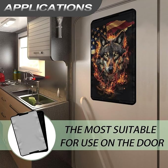Flag Wolf Print Window Shade Cover for RV Door, Foldable Camper Door Window Shade Sun Blackout Window Shield Cover with Sticky Design & Hook and Loop for Trailers