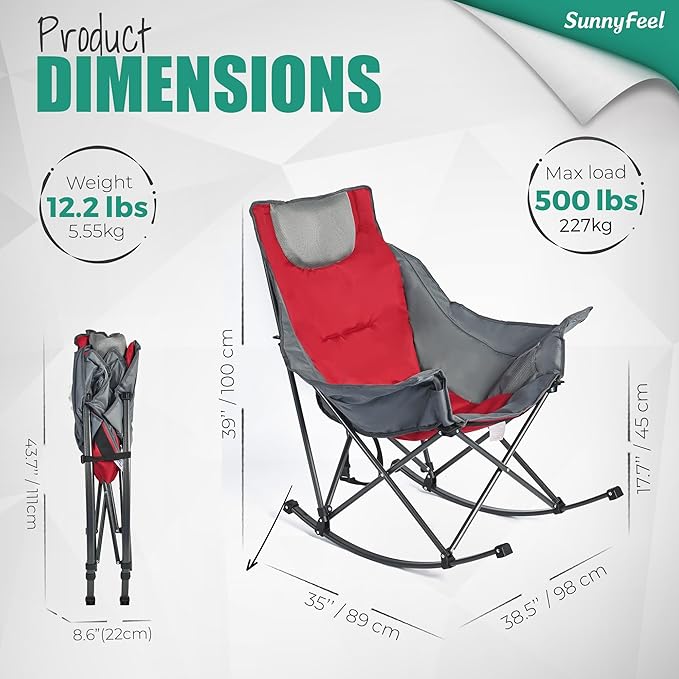 SUNNYFEEL Oversized Rocking Camping Chair, Fully Padded Patio Chair with Side Pocket, High Back Portable Lawn Recliner with Headrest, Outdoor Camp Rocker Chairs for Adults Heavy Duty 500 LBS Carry Bag