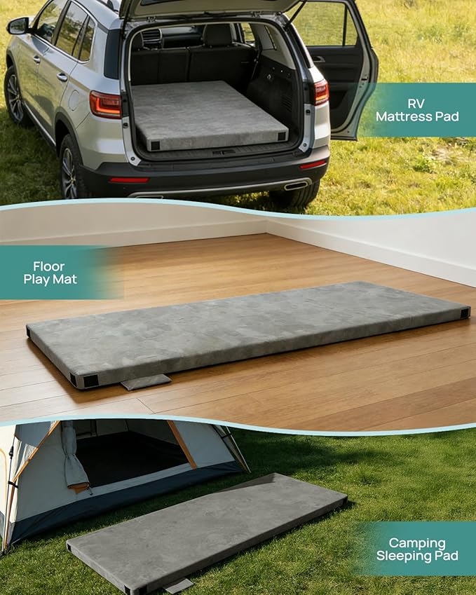 Releep 3 Inch Kids Dual-Sided Memory Foam Camping Mattress, Waterproof Camping Sleeping Pad with Portable Pillow & Carry Bag, Roll Up Cot Mattress Mat for Guest Bed/Car/Tent