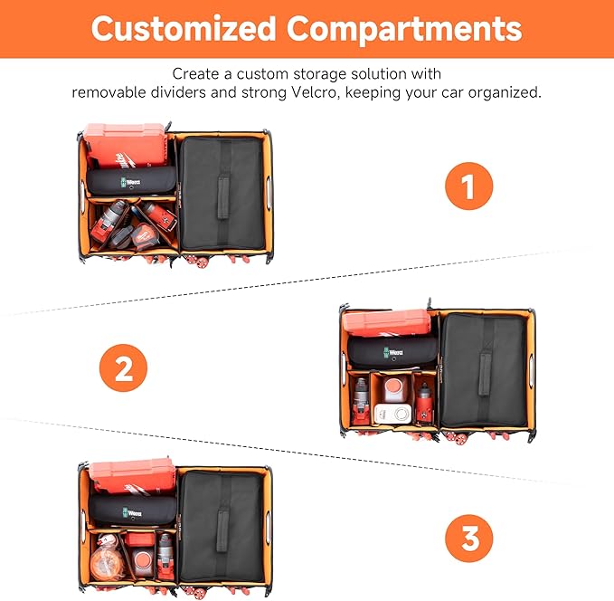 StorageWorks Trunk Organizer for SUV, Multi-Compartment Car Trunk Organizer, Car Organizer and storage with Aluminum Alloy Handle, Medium, Black and Orange, 1-Pack