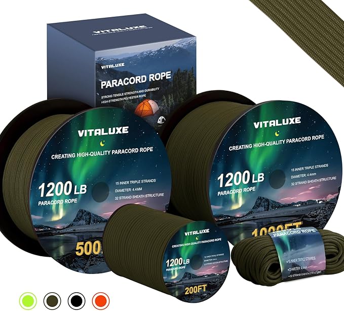 1200lb Paracord Rope, 4.4mm 15 Triple Strands Paracord, Heavy Duty Tactical Parachute Cord for Survival Gear, Camping, Hiking, and Ideal for Bracelets, Lanyards, Type III