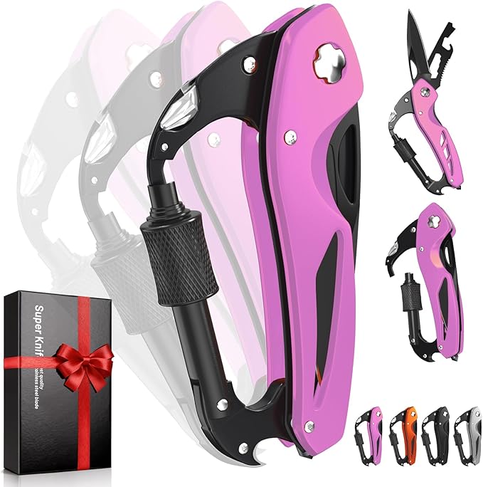 Carabiner Multitool 9-in-1 EDC Pocket Knife, Hexwrench, Saw, Screwdriver, Bottle Opener, Breaker, Survival Gear for Camping Climbing, Gifts for Men Women, Stocking Stuffers (Pink)