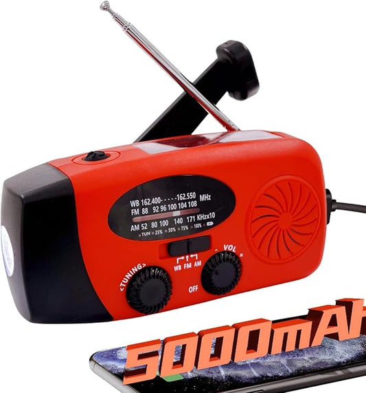 iRonsnow Solar Emergency Hand Crank Weather Radio, Portable Self Powered NOAA AM/FM Radios with SOS Alarm LED Flashlight 5000mAh Smart Phone USB Charger for Camping (Red)