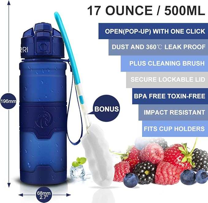 ZORRI Sports Water Bottle, 400/500/700ml/1L, BPA Free Leak Proof Tritan Lightweight Bottles for Outdoors,Camping,Cycling,Fitness,Gym,Yoga- Kids/Adults Drink Bottles with Filter, Lockable Pop Open Lid