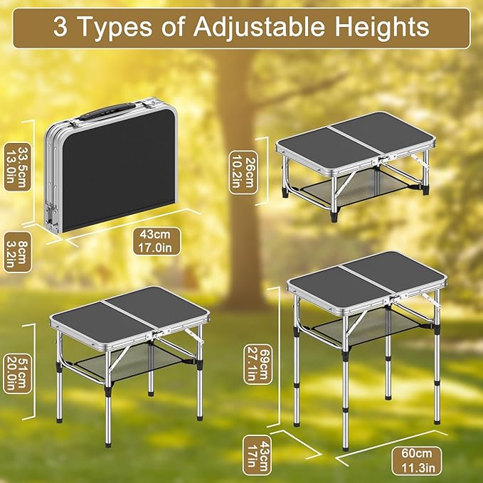 Folding Camping Table, 2 FT Folding Portable Camping Table, Outdoor&Indoor Picnic Table with 3 Adjustable Height Max 27.1",Lightweight Aluminum Camping Tables, Car Camping Essentials-Black