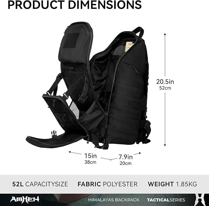 AMHEH 52L Tactical Backpack - 1050D 72 Hour Bug Out, 17" Laptop Compartment, Helmet Pocket and MOLLE for Survival Emergency (Black)