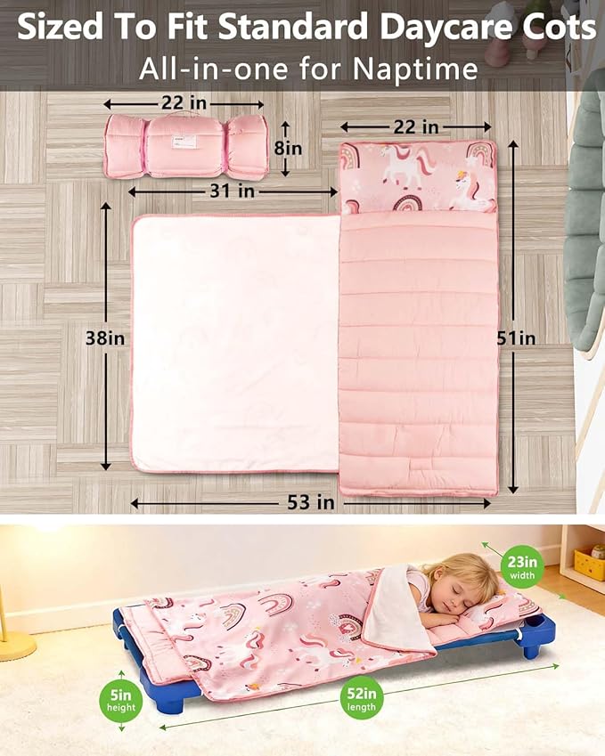 Primlect Lightweight Toddler Nap Mat, Portable Rolled Design Perfect for Daycare Travel, 51”x31 All-in-One Sleeping Bag with Removable Pillow and Fleece Blanket for Boys Girls, Machine Washable