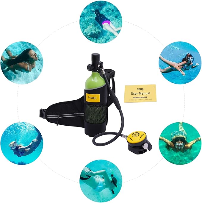 1L Mini Scuba Tank - Portable Refillable Oxygen Cylinder for Diving & Snorkeling (15-20 Min Air Supply, 32.8ft Depth) - Emergency & Recreational Underwater Gear