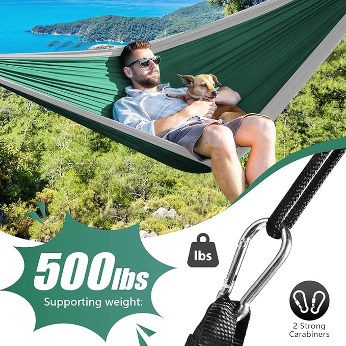 OBTANIM Camping Hammock 500lbs Portable Lightweight Single or Double Hammock with Tree Straps and Carry Bag for Camping Backpacking Hiking Travel Beach Outdoor Indoor (Grey and Dark Green)