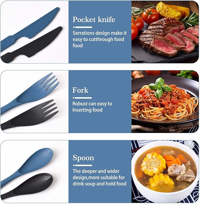 2 Sets Reusable Utensil Set with Case, Portable Plastic Spoons Fork Knife Camping Utensils for Lunch Box Accessories for Kids Adults Travel Picnic Camping Daily Use(Blue, Black)