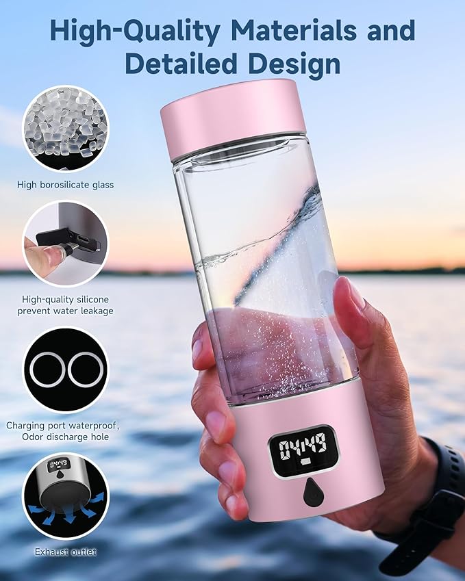 340ml Portable Hydrogen Water Bottle Generator with PEM-SPE Technology, Glass Exterior & Aluminum Shell, Produces 5000 ppb Hydrogen in 10 Minutes, for Home, Gym, Office & Travel
