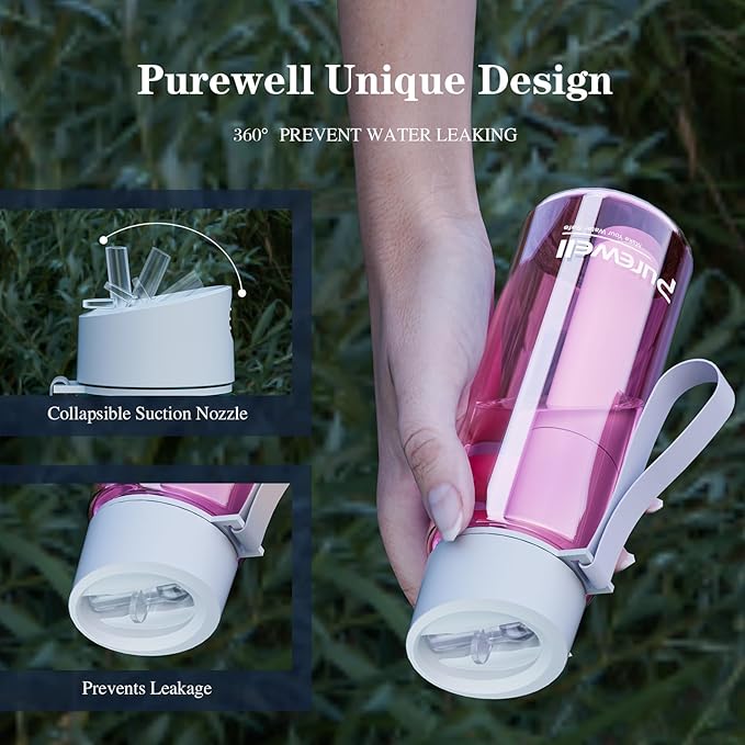 Purewell Filtered Water Bottle BPA Free with 5-Stage Integrated Filter Straw for Camping, Hiking, Backpacking and Travel (Pink)
