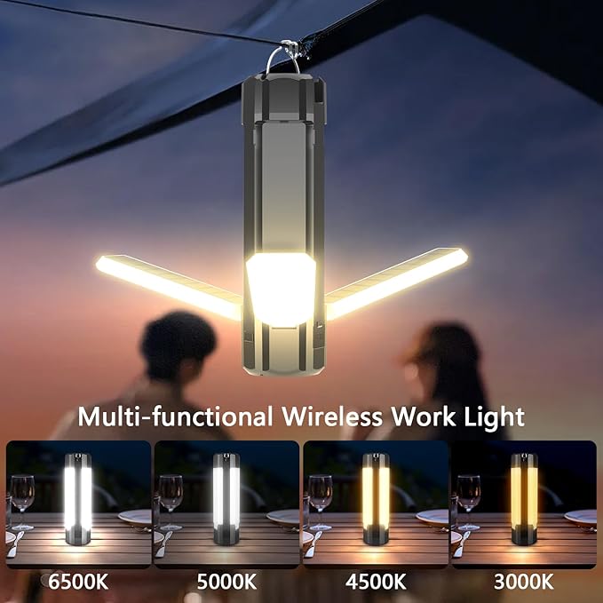 Otovoda Solar Camping Light, USB Rechargeable LED Camping Lantern with 7 Light Modes, Hook, Magnetic Base, Foldable Emergency Flashlight for Tent Hiking Hurricane Home Power Outages (3600mAh, Black)