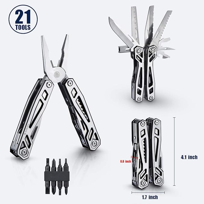 BIBURY Multitool with Pocket Knife, 21-in-1 Stainless Steel Pliers with Screwdriver, Safety Locking Multi tools with EDC Knife for Survival, Camping, Fishing, Repair, Birthday Gifts for Men Women