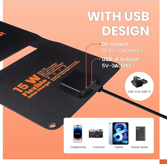 FlexSolar 15W Foldable Solar Panel Trickle Charger Maintainer Kits - 12V DC & USB Output with Built-in Controller Includes Cigarette Lighter, Alligator Clips, O-Rings,OBDII Connector for Car, Truck