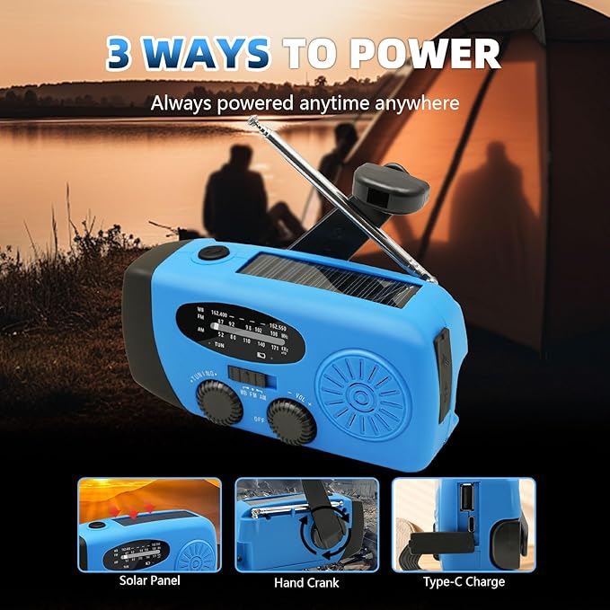 WVL Hand Crank Weather Radio, NOAA Emergency Radio Portable AM/FM Solar Powered 7400mWh with Flashlight, SOS Siren & Phone Charger for Camping & Survival(Blue)