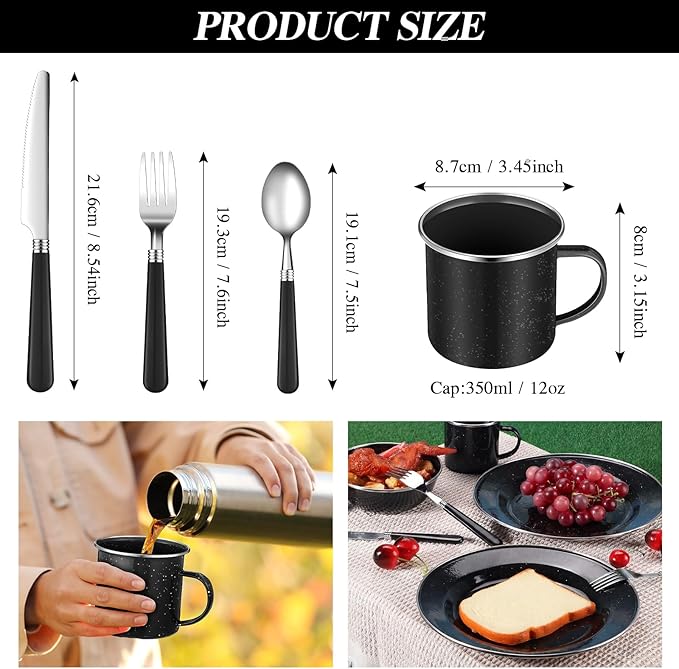 Nuogo 12 Pcs Enamel Camping Tableware Set Dinnerware Kit Includes 12 oz Coffee Mugs Camping Plates Bowls and Utensils Set with Knife Fork Spoon for 2 People Hiking Picnic Outdoor