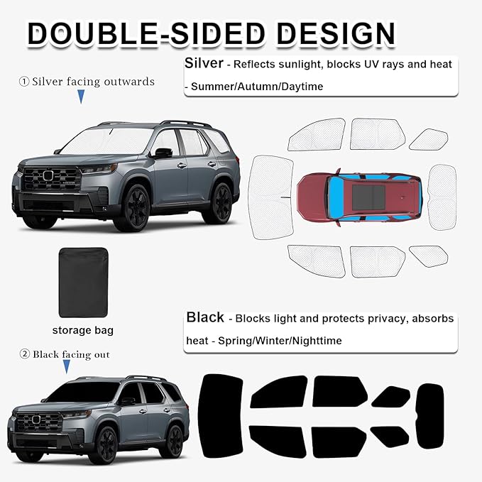 KMF 8pcs Thicken Sun Shades for Honda Pilot 2023-2026 Accessories, Full Car Window Covers for Windshield Side Rear, UV Block and Protect Privacy Blackout for Camping Outdoor