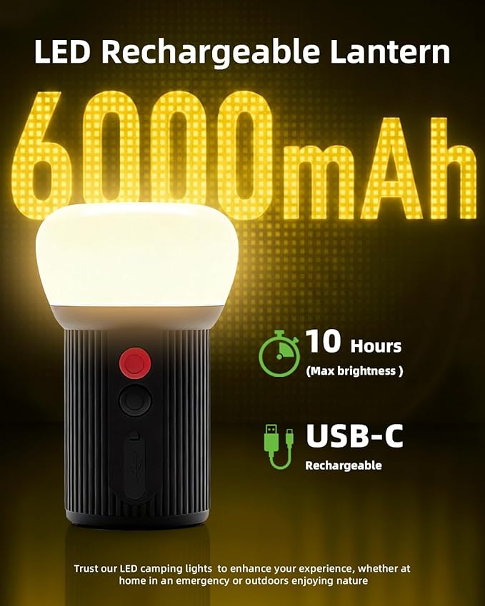 EZVALO LED Rechargeable Camping Lantern, 6000mAh Emergency Outdoor Tent Light for Camping, IPX5 Water Resistant Portable Tent Lantern for Hiking, Backpacking, Fishing, Hurricane, Outages (Black)