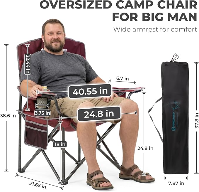 FUNDANGO Oversized Camping Chairs for Adults, Heavy Duty Fold Up Sports Games Lawn Chairs, Extra Wide Big Man Outdoor Chairs with Padded Lumbar Support Backrest, Bag Included for Camp, Beach, 2 Pack