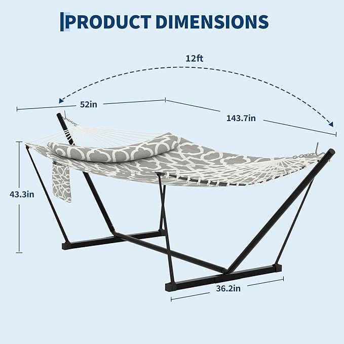 2 Person Double Hammock with Stand & Pillow, 450 LBS Heavy Duty Outdoor Hammock with Balance Rope for Patio Backyard Poolside