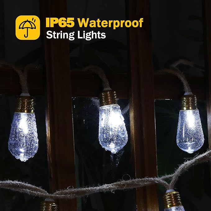 (New) Outdoor String Lights, 24FT Hemp Rope LED Patio Lights, Waterproof 8 Modes Plug-in Edison Bulb Lights for Backyard, Garden, Porch, Wedding, Christmas Decor