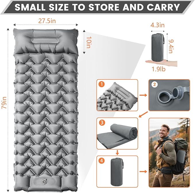 Ultralight Sleeping Pad for Backpacking, 4" Thick & 1.9 lb, with Built-in Pillow & Fast Foot Pump, Compact Inflatable Mat for Hiking and Camping