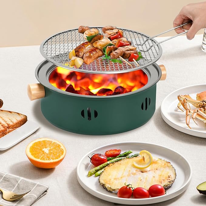 Portable Charcoal Barbecue Grill, 1pc Mini BBQ Grill Multifunctional Charcoal Grill Round Tabletop Charcoal Grill for Outdoor Cooking Home Party Picnic Camping (Green)